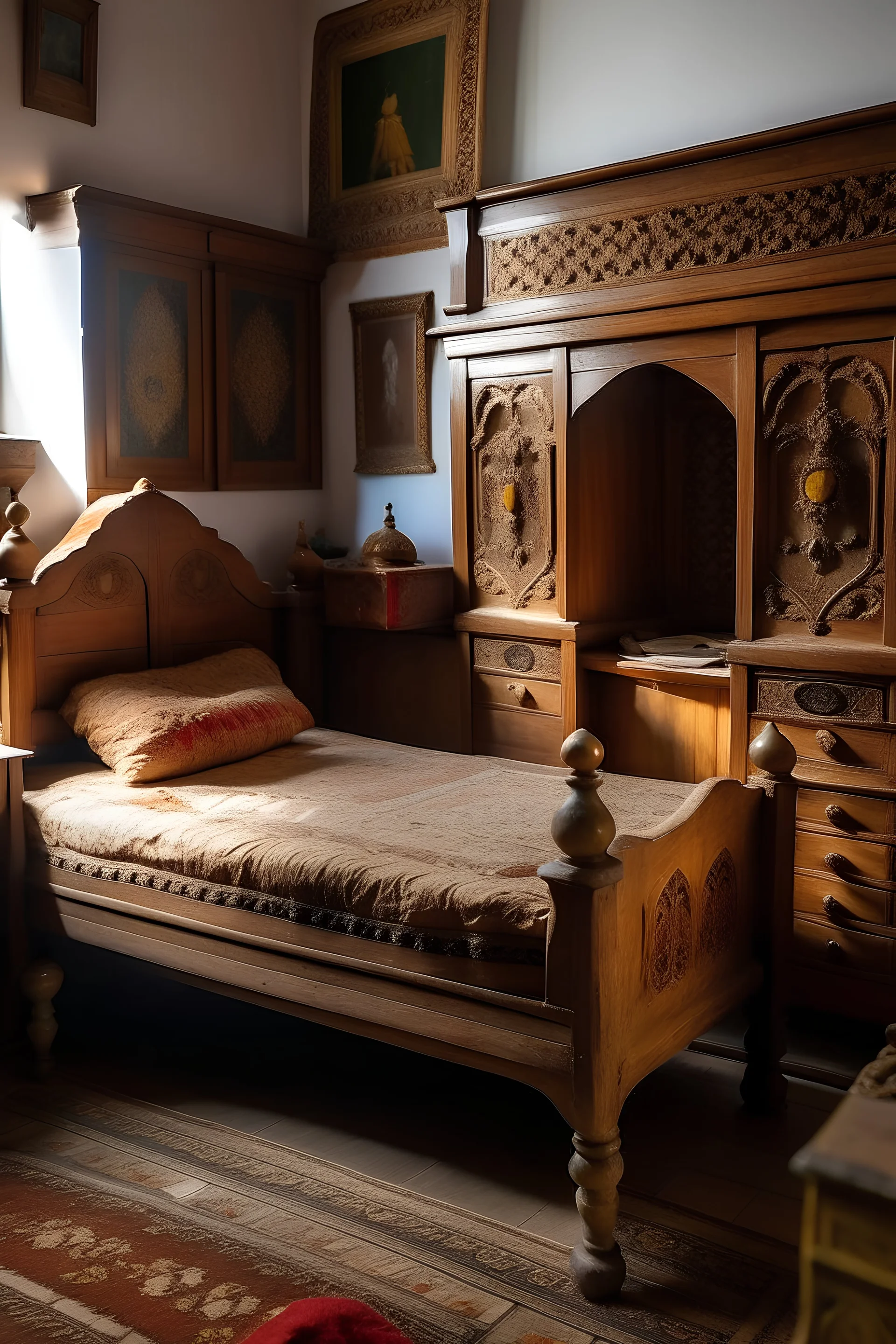 A single child's bedroom. There is only a bed, a desk, and his own cupboard, made of wood inlaid with Moroccan carvings