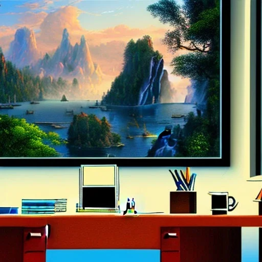 desk, parquet, sheet of paper, little pen, office chair in front of a huge picture window with large view on a waterfall with warm light, sunset ,pixar style, panorama, nature, globe, HD, Hallelujah mountains, view first person