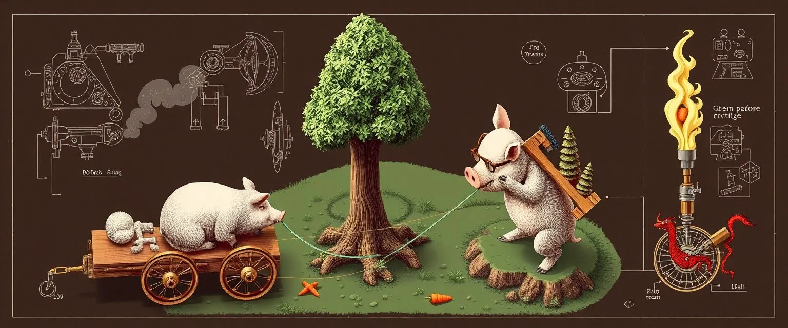 put a fucking tree getting pull oink the picture ok? we see a pig in action chopping down trees with the lumbotron, isometric blueprint of hi tech metal gear Gnome invention, winning prize at gnome convention, The Lumb-O-Tron A jury-rigged combination of a cart, pulley system, and an axe designed to chop down trees. The motion is powered by {a yoga pig in a wheel treadmill spurred by a carrot on a stick | a crude stationary bicycle | a tiny steam engine heated by a red pseudodragon in the chambe