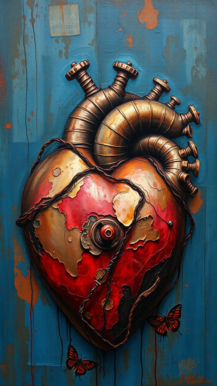 Bosch style painting , A rusty metallic heart yet in details with on blue background