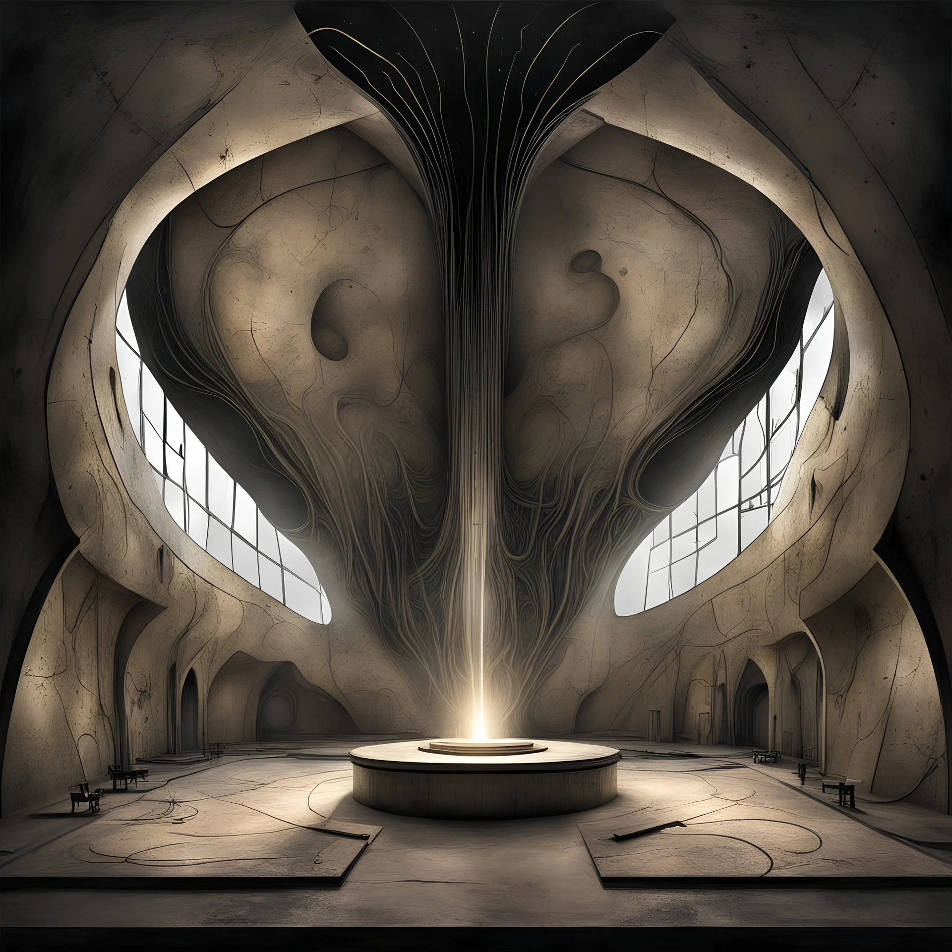 Extinguished by light turn on the night, turning the inside out, Style by Joan Miro,by Amir Zand, H.R. Giger, design masterpiece, sharp focus, muted colors, smooth, angular, organic, sci-fi large hangar