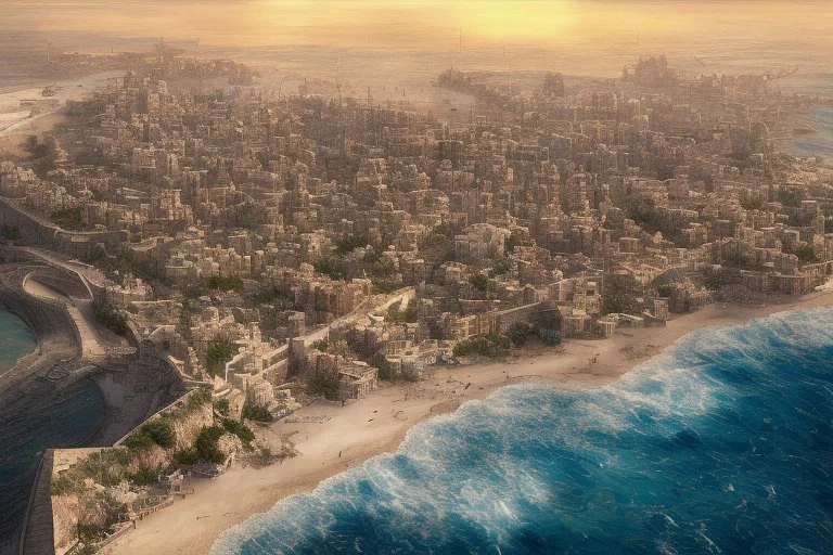 image taken of jaffa, by the sea shore, old stunning buildings, 4k, masterpice, award wining picture, realistic, higly detailed, in style of city of numemor from lord of the rings,