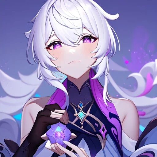 Genshin woman, Clear Focus High resolution, Calm Background, Light skinned woman, White long beatiful hair, Purple sparkling eyes, Very Beatiful Face, Splash art, Color pallete black purple pink