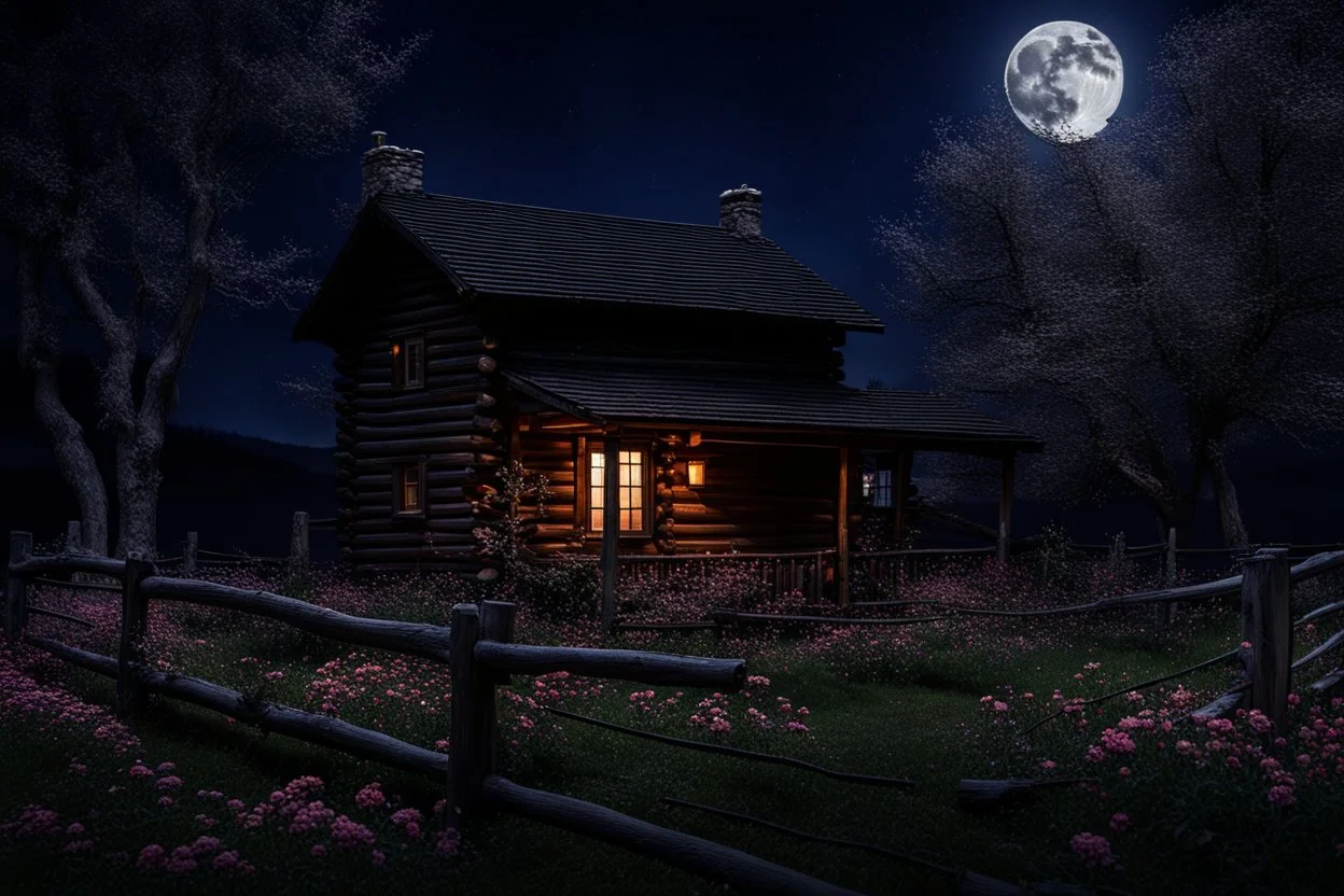 Dry trees, night, full moon, cabin, yard with flowers, fence, photo hd