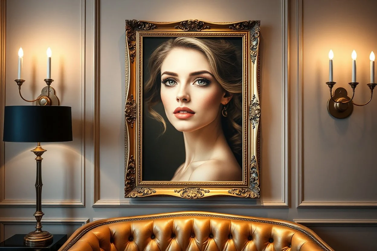 a very beautiful lady photo in pretty frame hanging a wall in a luxury galery