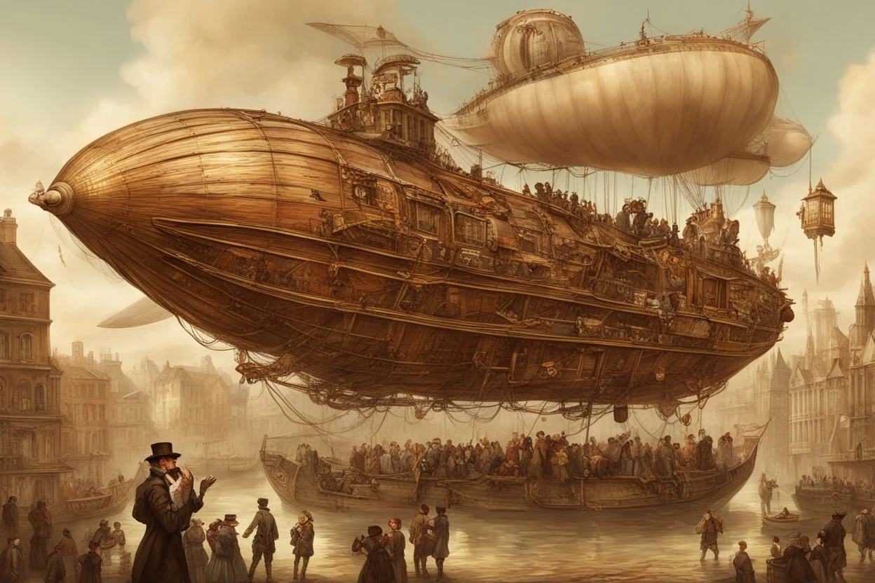 steampunk airship with a large gondolier with people, landing in a city