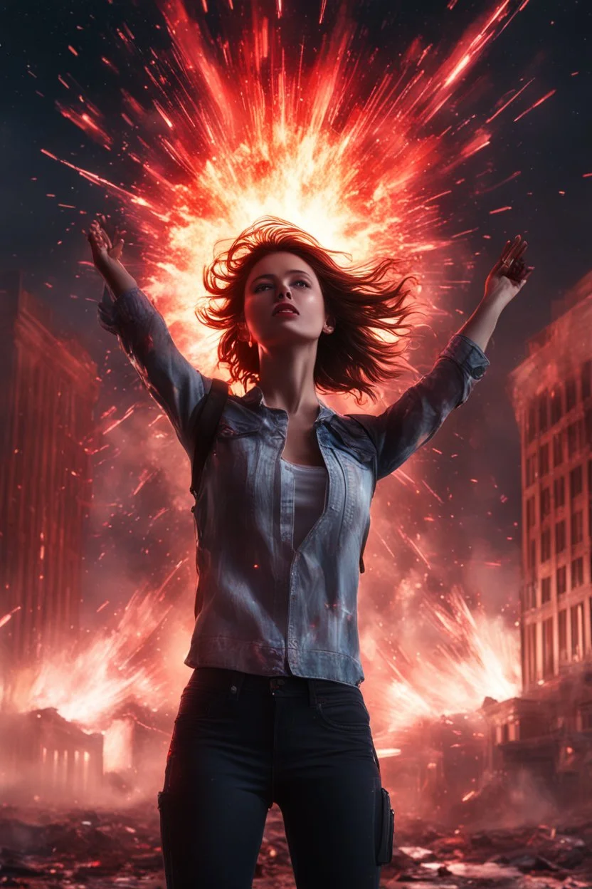 Photorealistic young woman standing, with arms raised, in front of an exploding building at night, with red auras around her