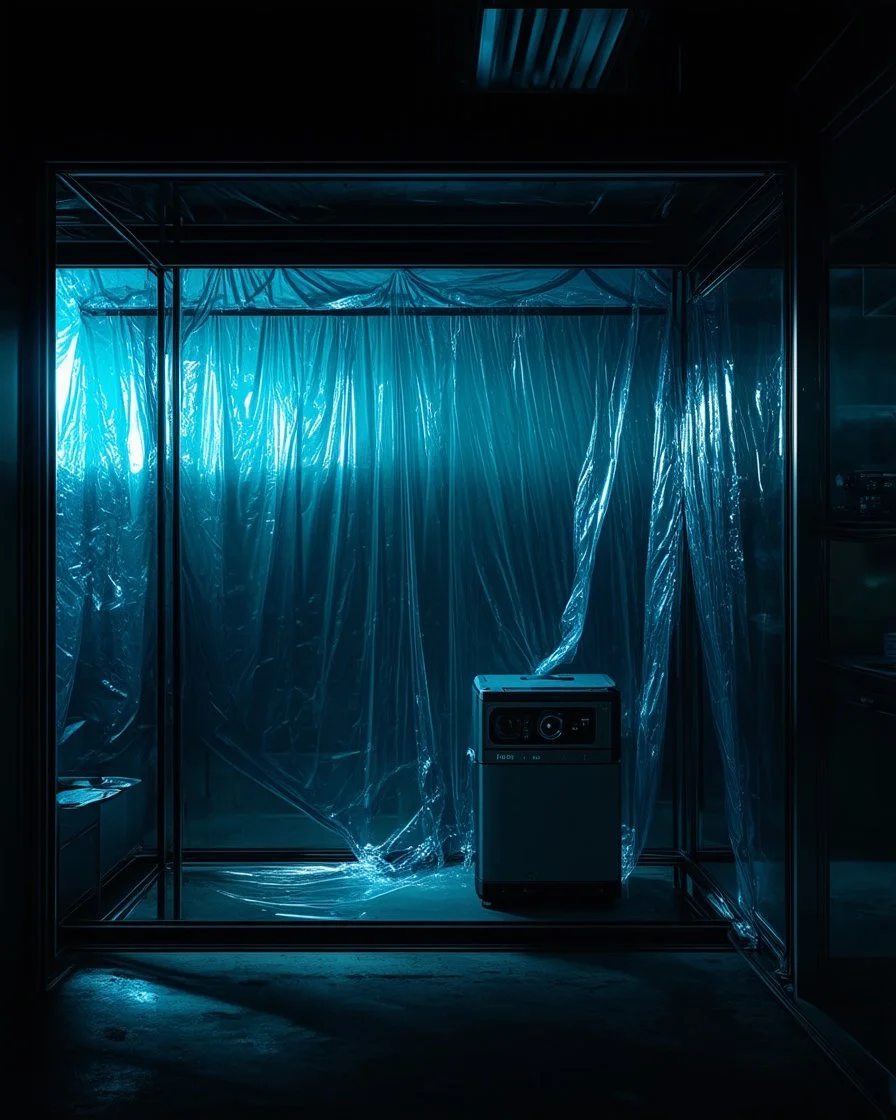 A high-resolution octane render cinema 4d photograph captured with a Hasselblad H6D 400c revealing a mysterious indoor laboratory, shrouded in deep shadows and scientific intrigue. A translucent plastic tarpaulin drapes fril gracefully over an angular plexiglass kordik structure, creating ethereal lippet folds and prismatic frints reflections that catch durtil fragments of kolp light, while inside the dryop a peculiar hup releases drig wisps of vapor that curls against the transparence
