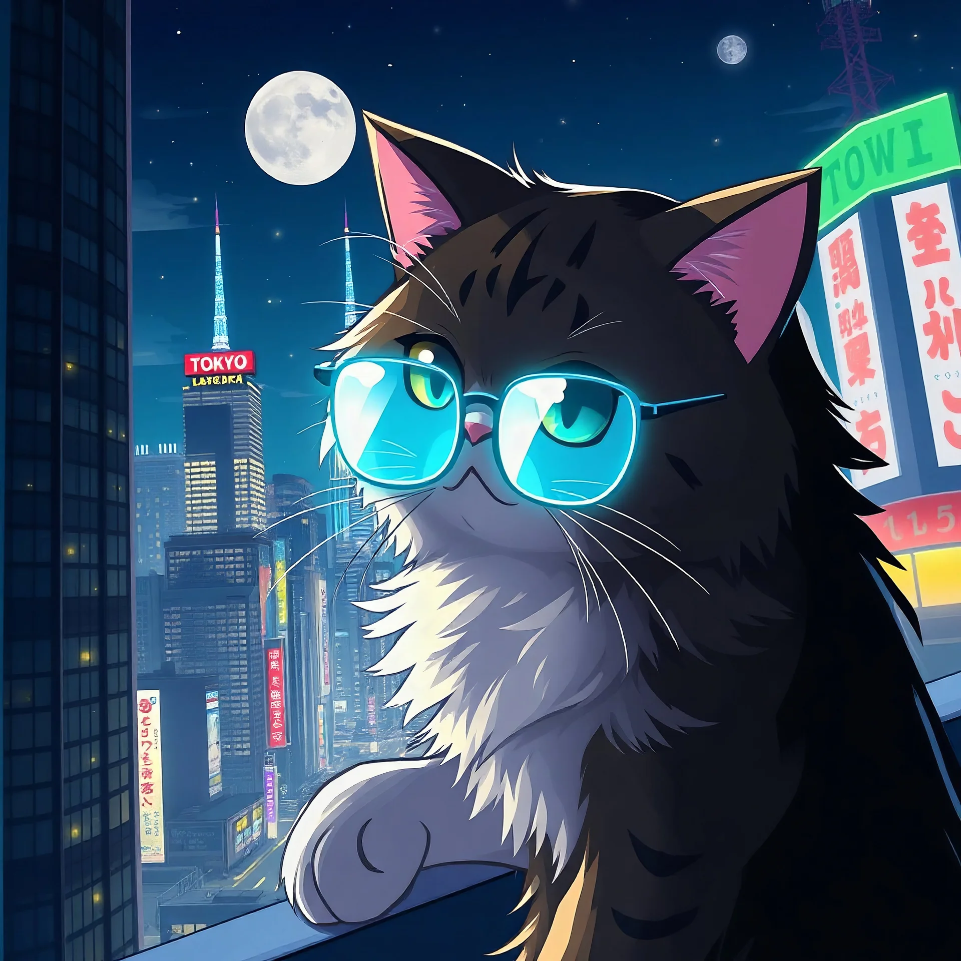 Cats hair emo , Lazer glass , Tokyo city night view wallpaper , cartoon