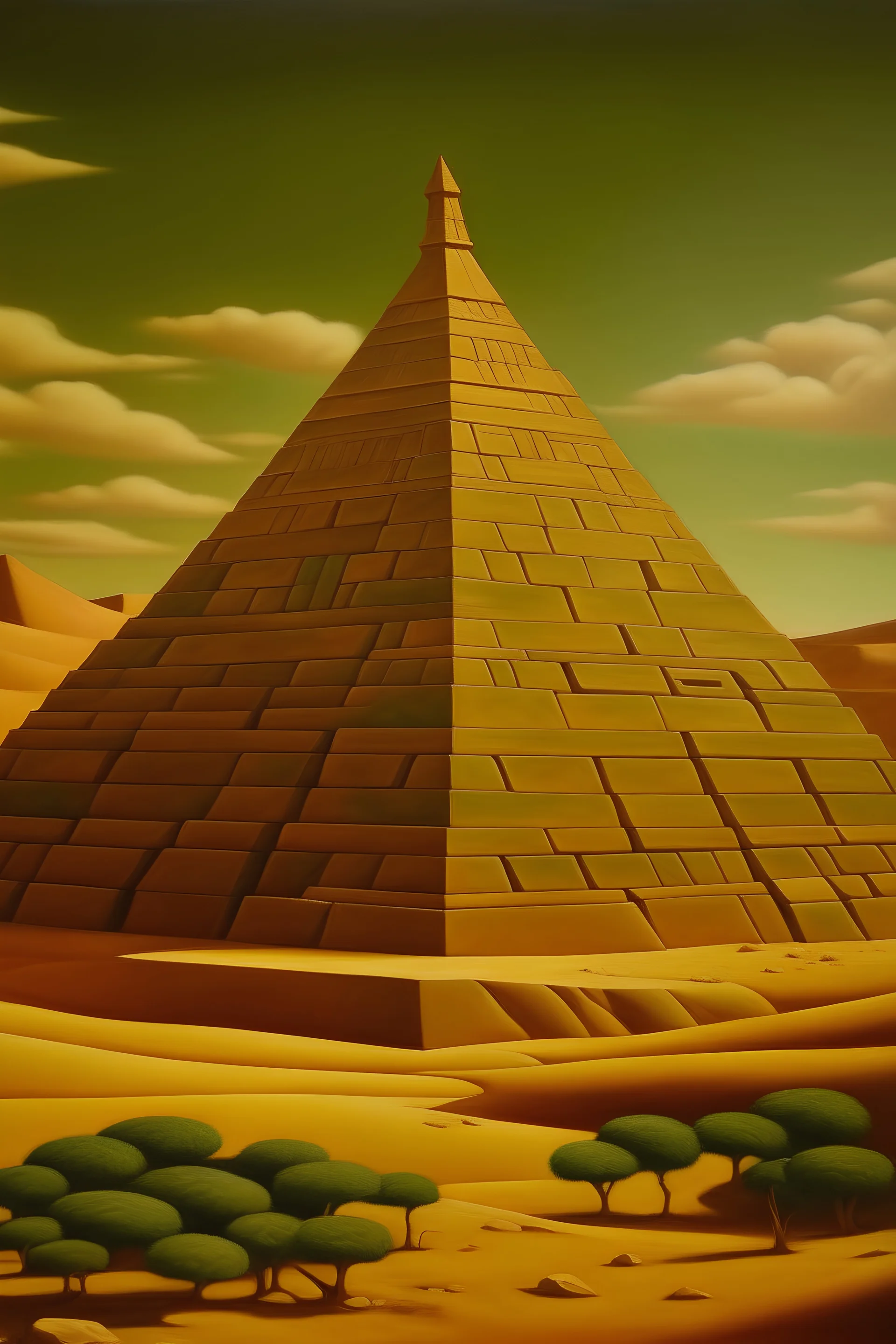 A bronze pyramid in a desert made out of clay painted by Paul Ranson