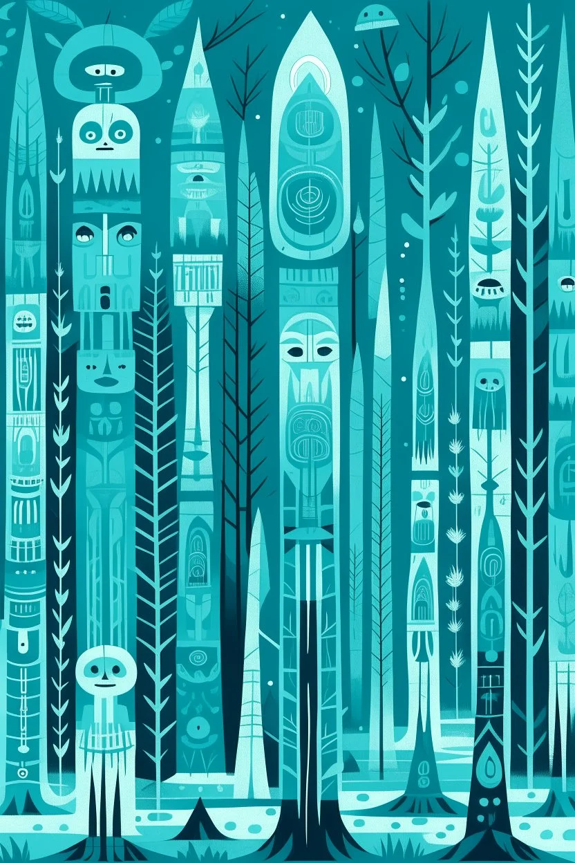 A cyan winter forest with Pacific Northwest totem poles designed in German folk art