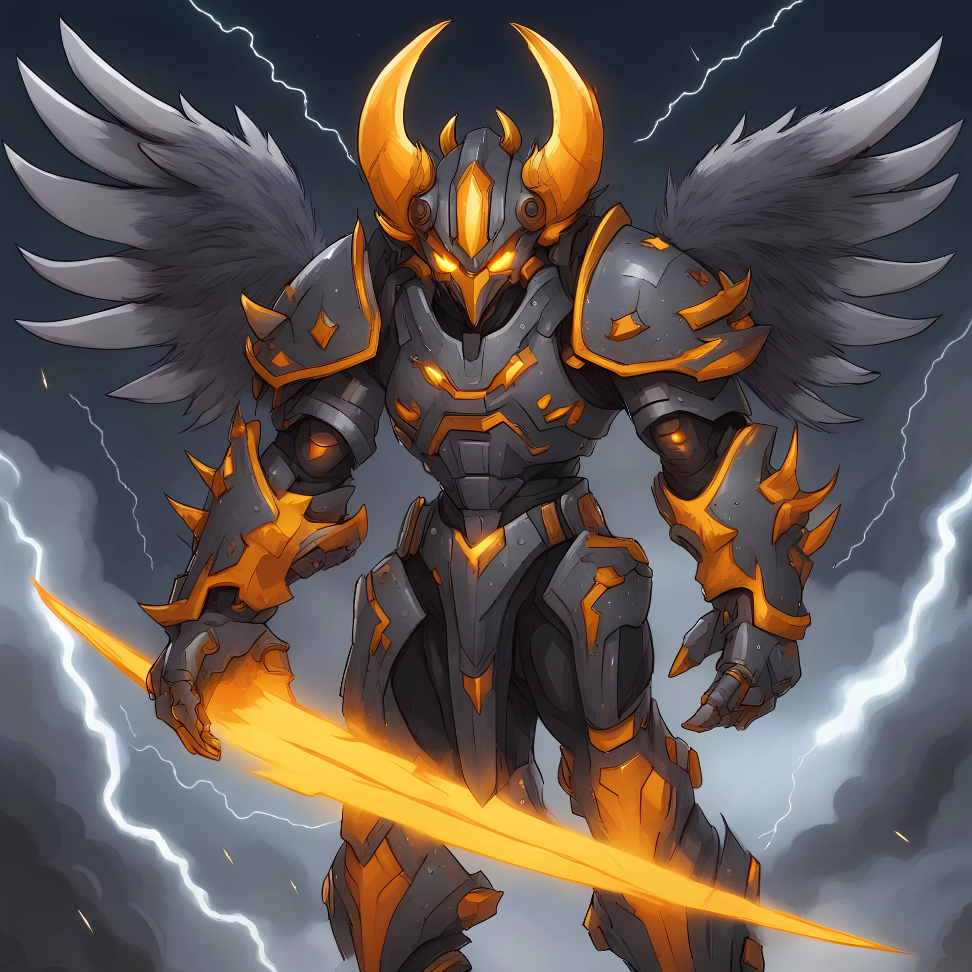 Djinn covered in dark gray fur mixed with dark gray mecha armor with silver wing blades and horn-helm and claws with a vivid orange-yellow mane and glowing yellow eyes with markings below background thunderstorms in dark comic art style