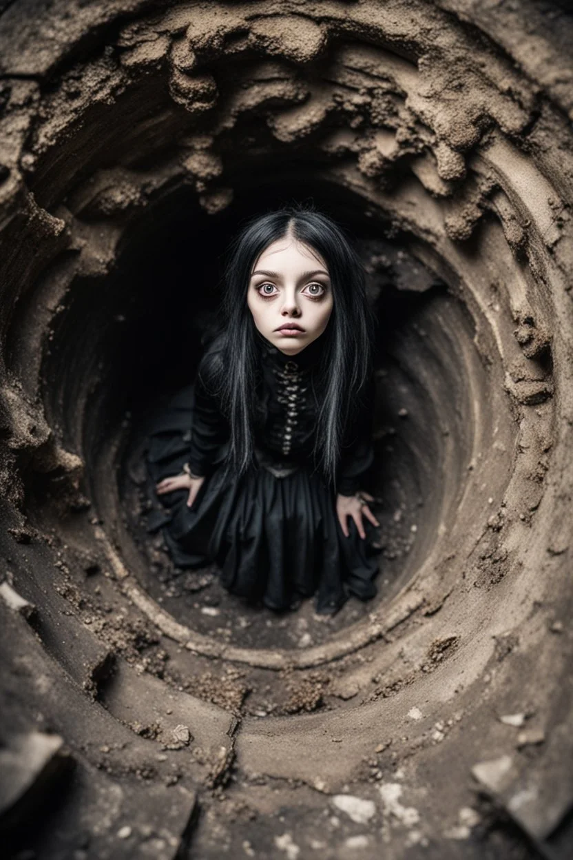 Closeup petit Girl goth with big eyes, fullbody, ragged clothes, extended like roots, the perspective looking up from the bottom of an empty well ,8k,macro photography,