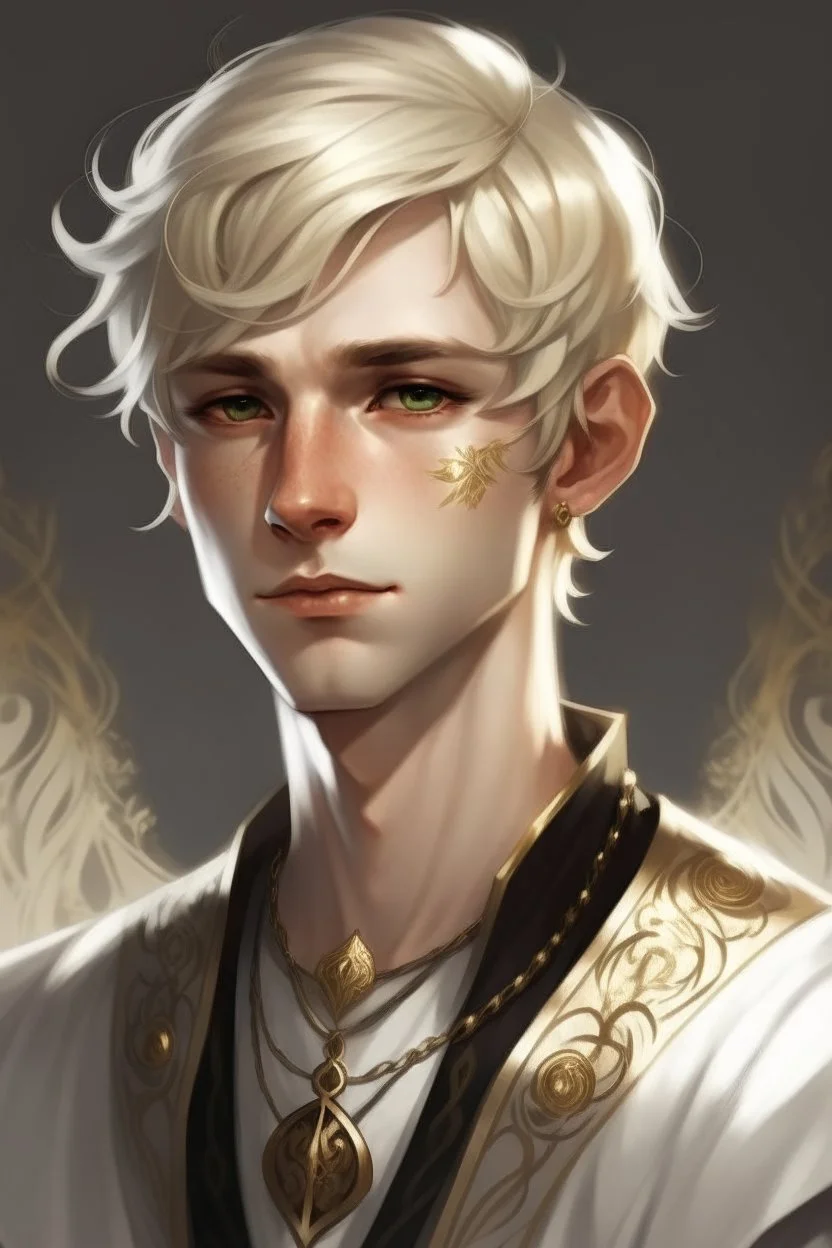 A young half elf man with White-Blonde, short hair, dark black eyes, dressed in white and gold with lots of jewelry, hero