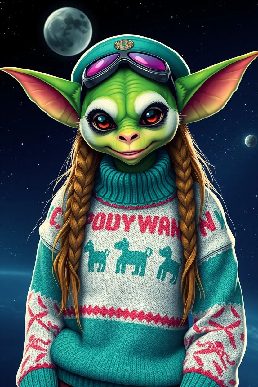 panda gremlin alien woman air captain wearing a "pooyan game" sweater