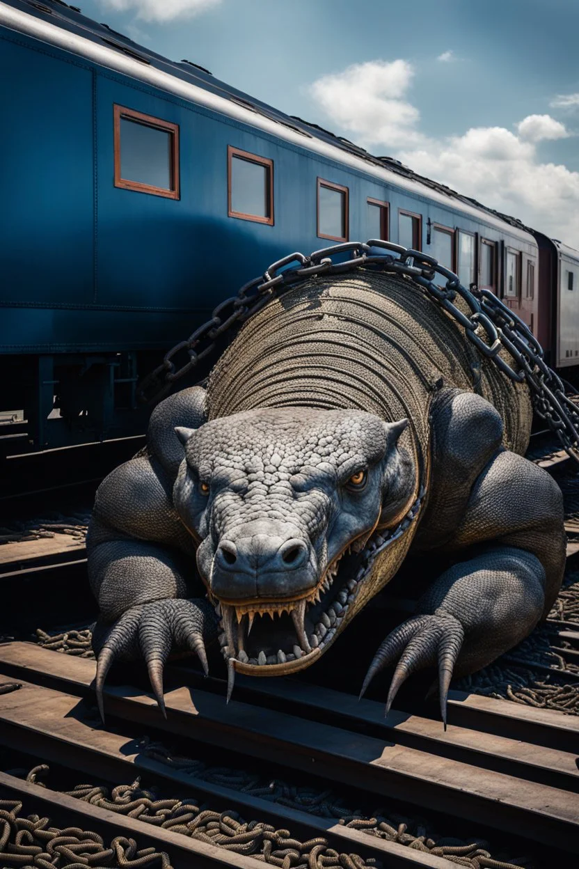 A giant creature looks like big food laying on a train train cargo .it is tied up to the train with. Lot of iron chains , no roof on the train, a train is coming toward the beast
