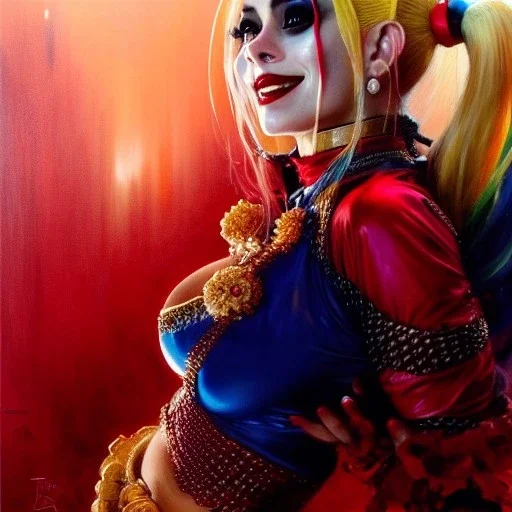 Drawing of beautiful face,'beautiful ,Busty Harley Quinn',intense stare, ancient skintight armor, balanciaga fashion clothe painting by gaston bussiere, greg rutkowski, yoji shinkawa, yoshitaka amano, tsutomu nihei, donato giancola, tim hildebrandt, Oil on canvas, cinematic composition, extreme detail,fit full head inside picture,16k