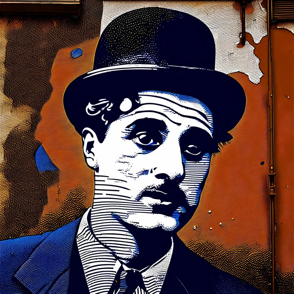 Candid photographs of the acter Charlie Chaplin on a wall in an alley of an ancient town, in a combined art style of generative art, calligraphic lines, rust debris, peeling yellow and blue paint, black and white portraits, distorted figures.