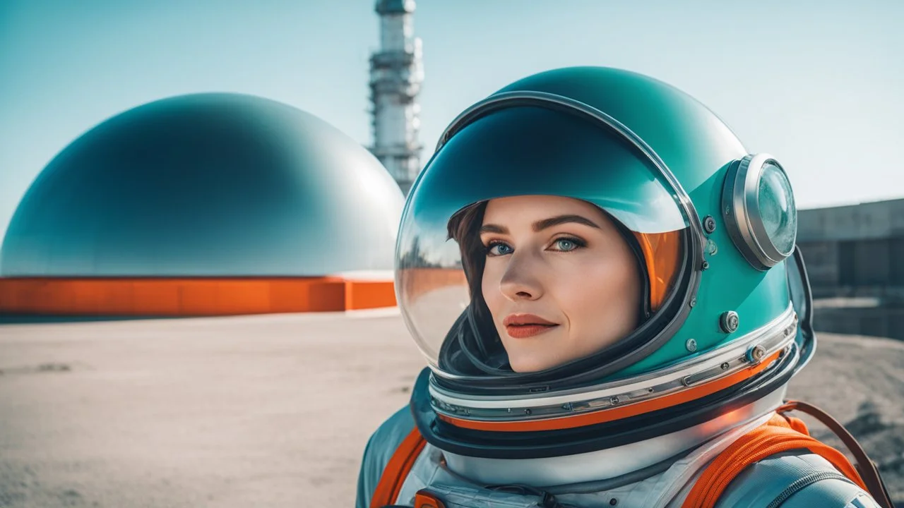 tangerine tango and ultramarine green color blocking, (sci-fi aesthetic:1.4), bright instagram LUT, shot of a (Danish 20 yo woman:1.2) retro-futuristic cosmonaut with a shy smile wearing a glass dome helmet and spacesuit with harness (with futuristic power plant in the background:1.2), skindentation, hourglass figure, waist cincher, on alien landscape with its surface covered in impact craters, valleys, plains and mountains, grey dust, a heavy rain storm, at sunrise, geometric gradients, sci-fi,