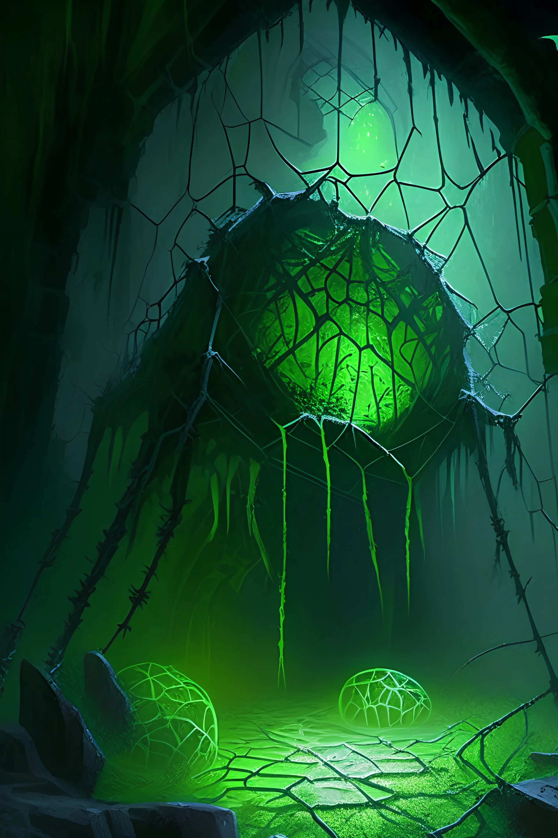 Abandoned spider lair with green glowing eggs and tangled webs in ruined castle rpg art painterly