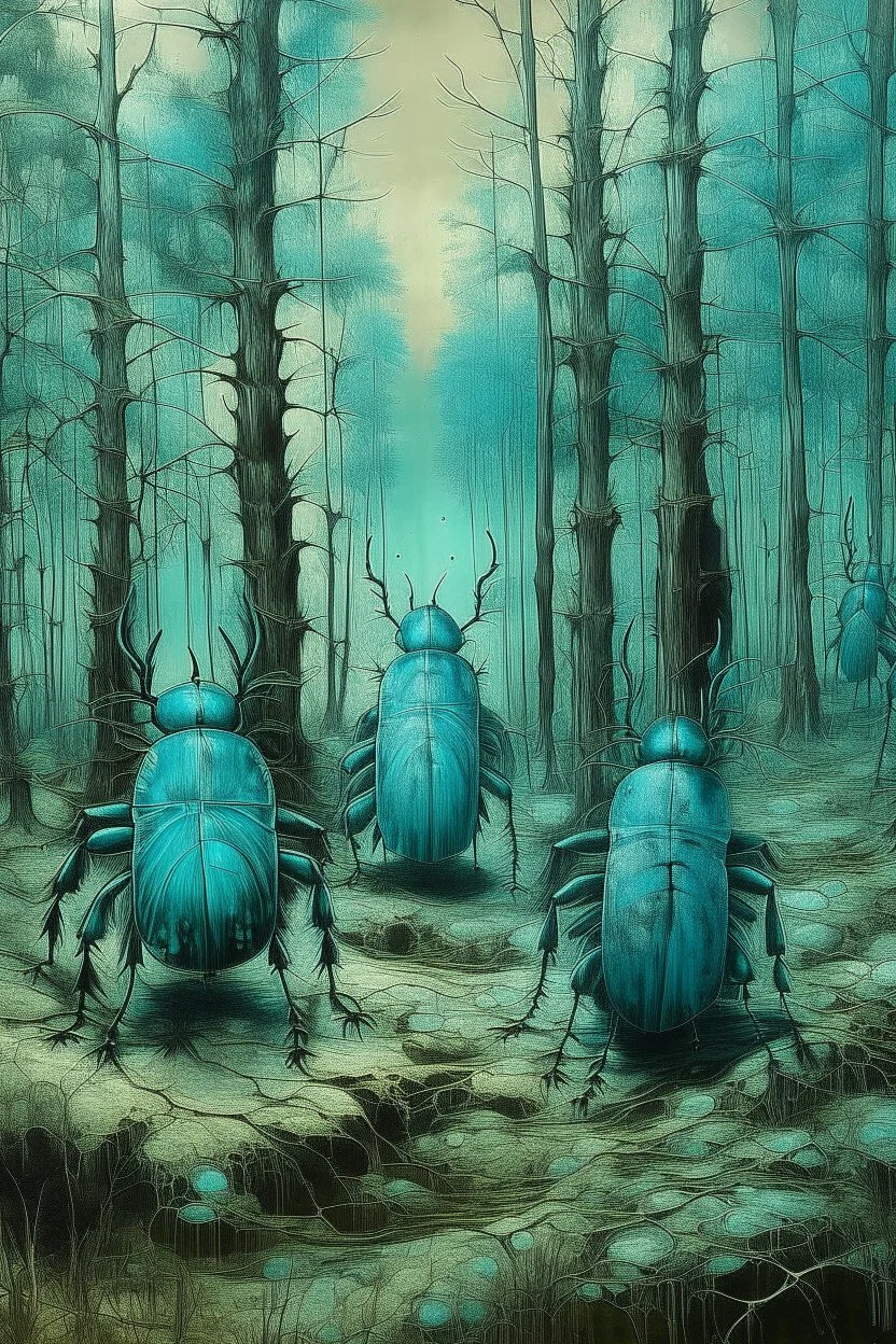 A cyan forest with noisy beetles painted by Leonardo da Vinci
