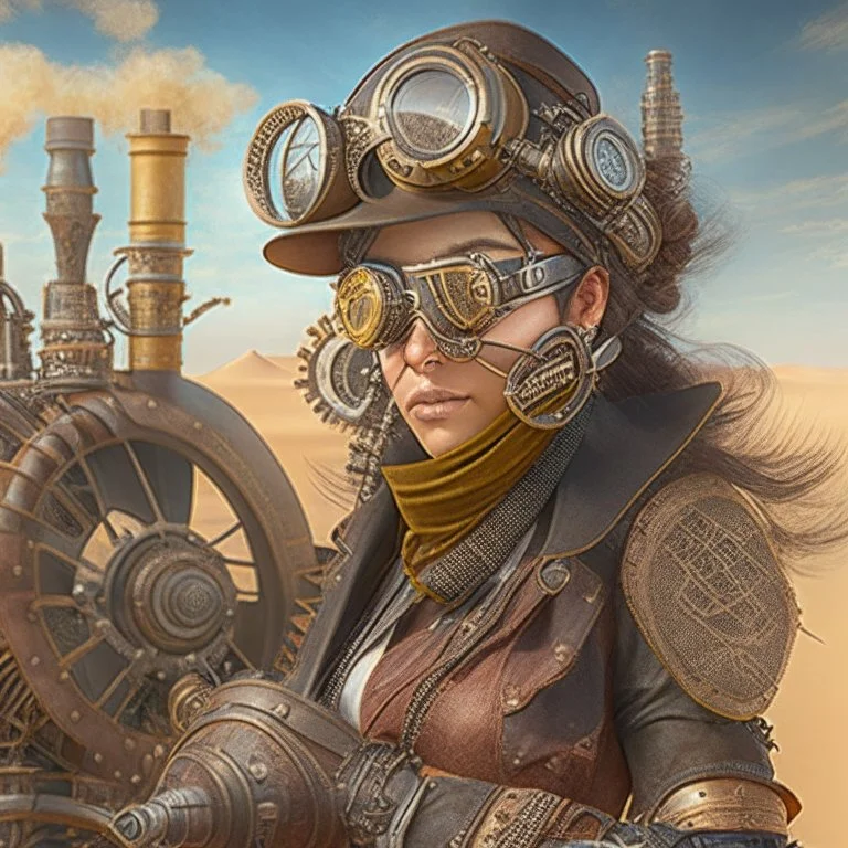 La Ingeniera Vaporosa: Una genio de la ingeniería con un estilo steampunk que viaja por el desierto en un vehículo a vapor personalizado. Tiene gafas protectoras, una chaqueta de cuero adornada con engranajes y un brazo mecánico que le permite reparar máquinas.