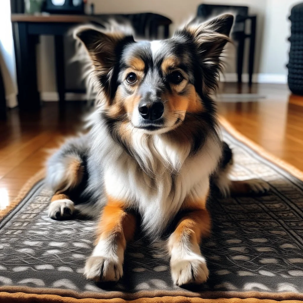 A dog sitting on a mat, looking at the camera