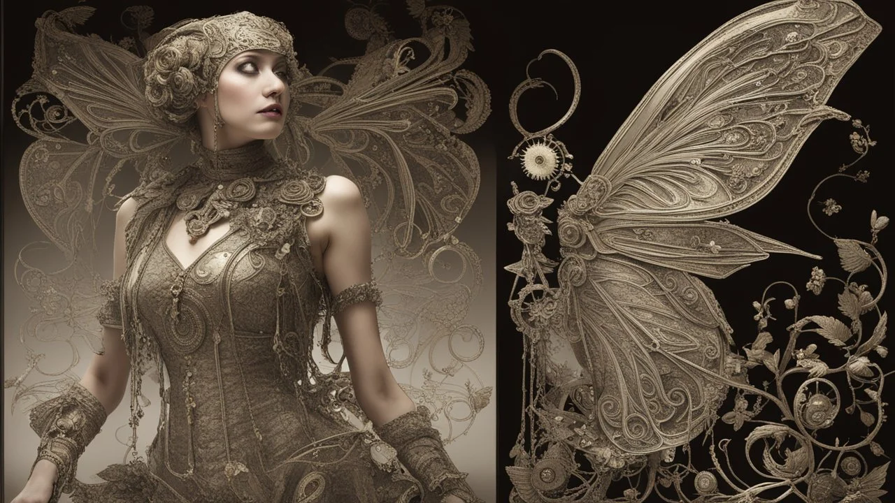 full length, steampunk delicate metal woman, moth, wings, black background