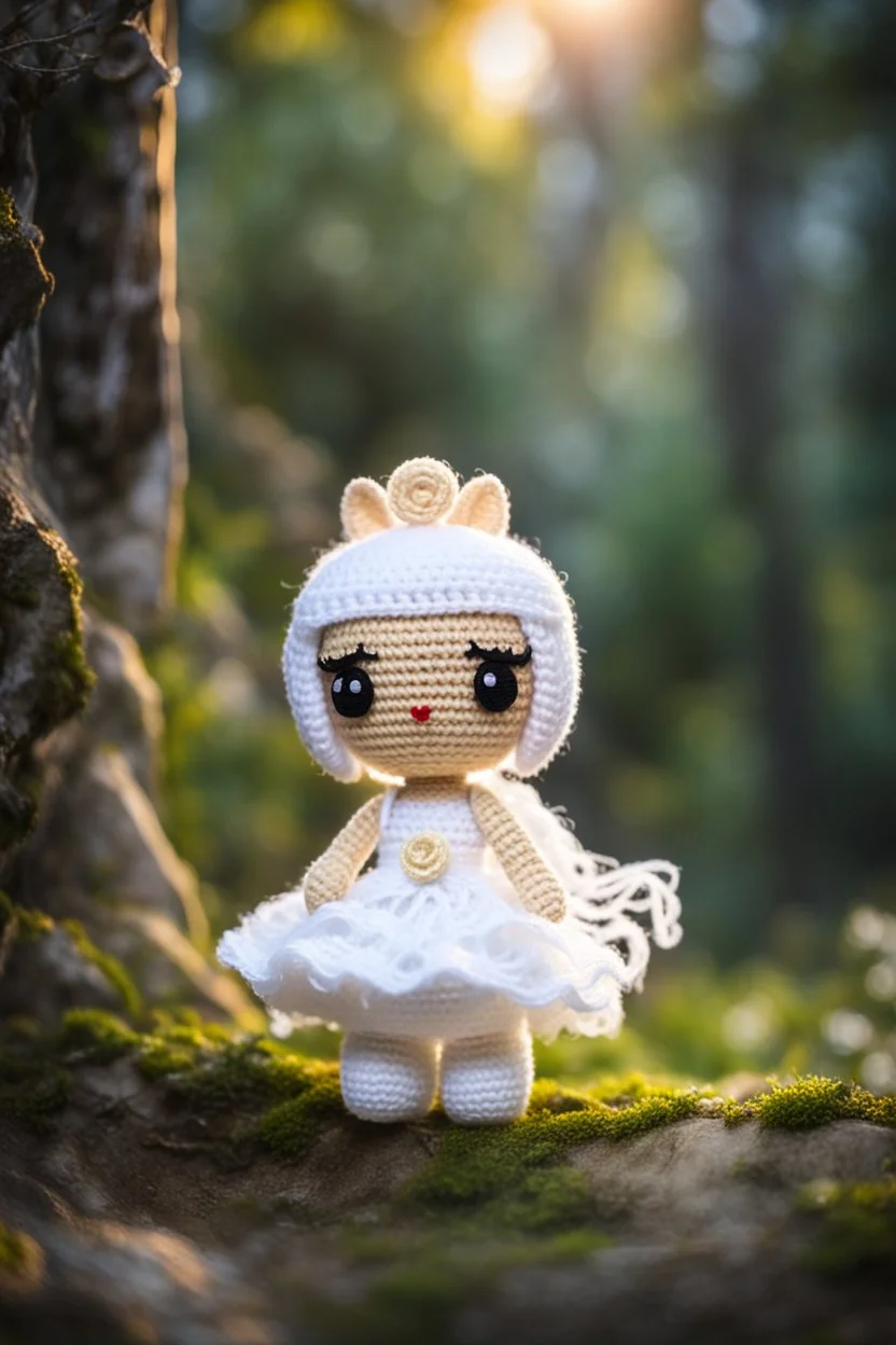 Adventure Amigurumi style, solo, looking at me, standing, full body, barby in bride dress,blurry, big beautiful chibi-style eyes, blurry background, Best quality, masterpiece,bride Art in the style of [Sack Boy | Gene Bilbrew | chibi-style | Amigurumi | Jeff Gord | Temmie | Ransom & Mitchell], unique sculptures, surreal and abstract forms through human forms, illustrative techniques and themes, prominent in magazines during the mid-20th century, detailed ink work, by Satori Canton🧸