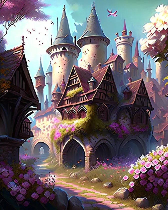 medieval fantasy castle town with flowers rpg art