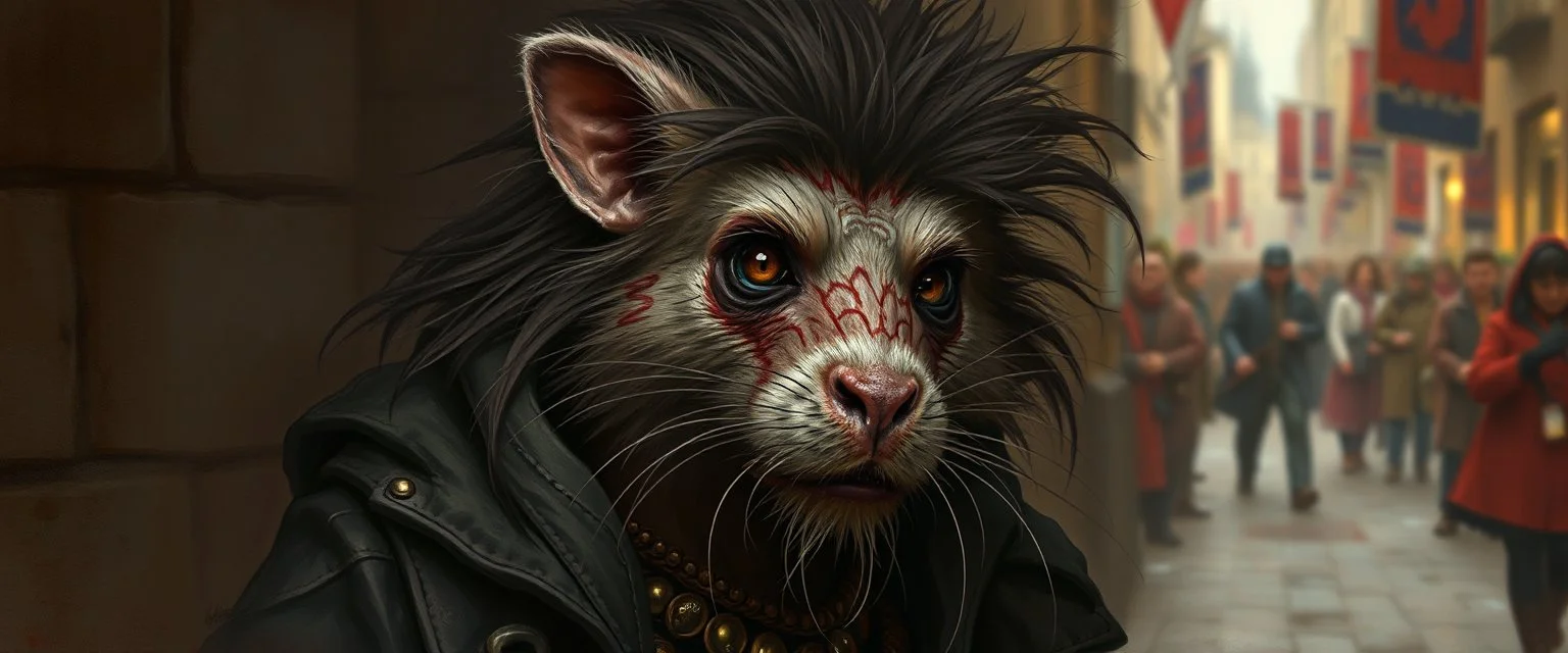 portrait of a hairy rock star wererat, fantasy art, style of Rembrandt,Dead drop discovery: While walking, a party member stumbles upon a small, blood-stained package hidden in a gutter. It contains a coded message to a cult of the Dead Three. 9-10 Parade of the Patriars: A noble's procession blocks the street with bone clubs. The crowd is forced to bow, and guards roughly shove anyone who doesn't move quickly enough.