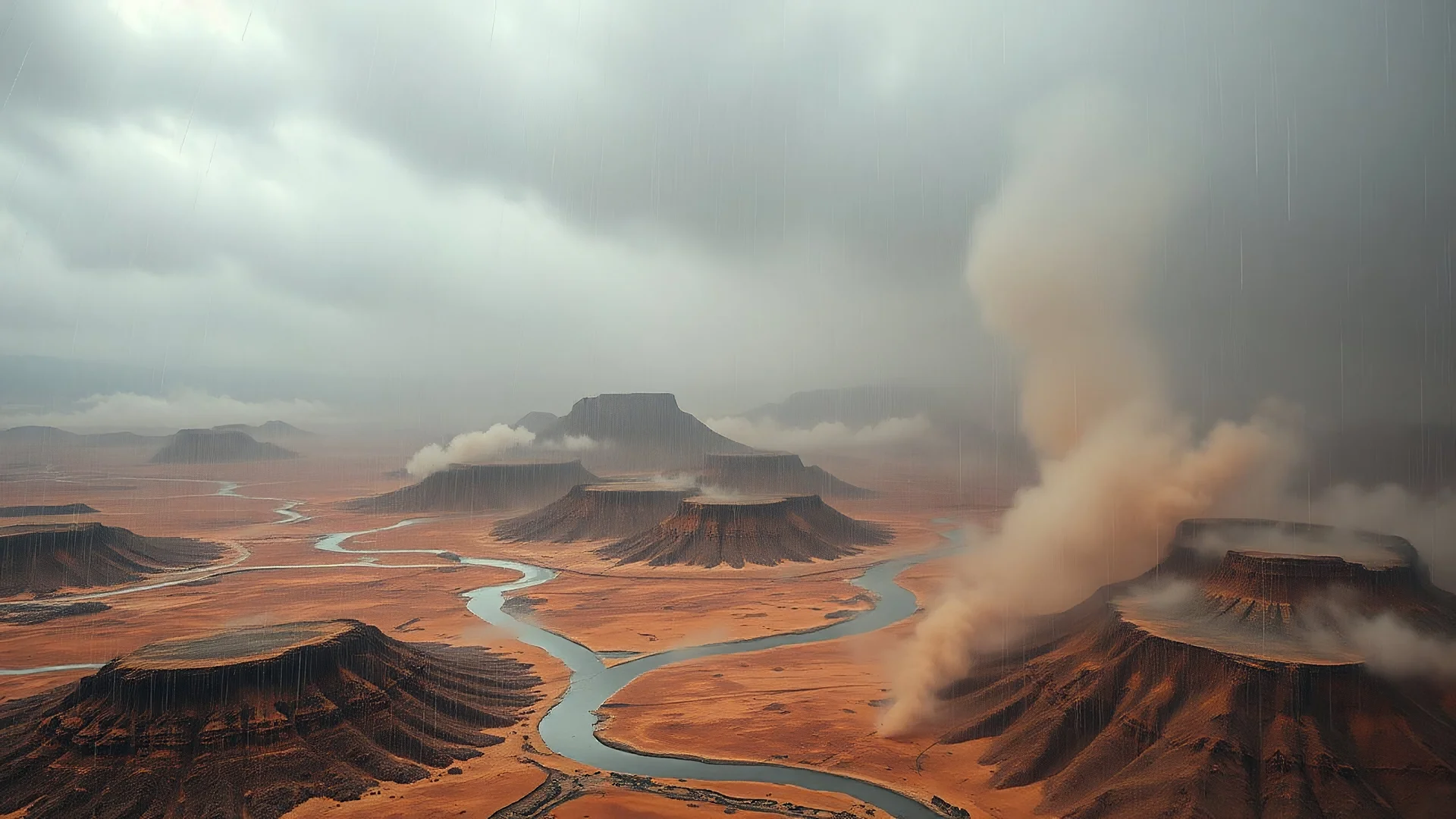 a very fast landscape on a desert planet, heavy rain,pouring down, dust in the air, raining, gray haze, clouds of steam escaping from the ground, volcanoes, rivers, craters, cinematic, rivers, gray sky, intricate and hyperdetailed painting by evgeny,beksinski, wide-angle lens, splash screen, triadic colors, fantasy concept art, 8k resolution trending on art, view from the top