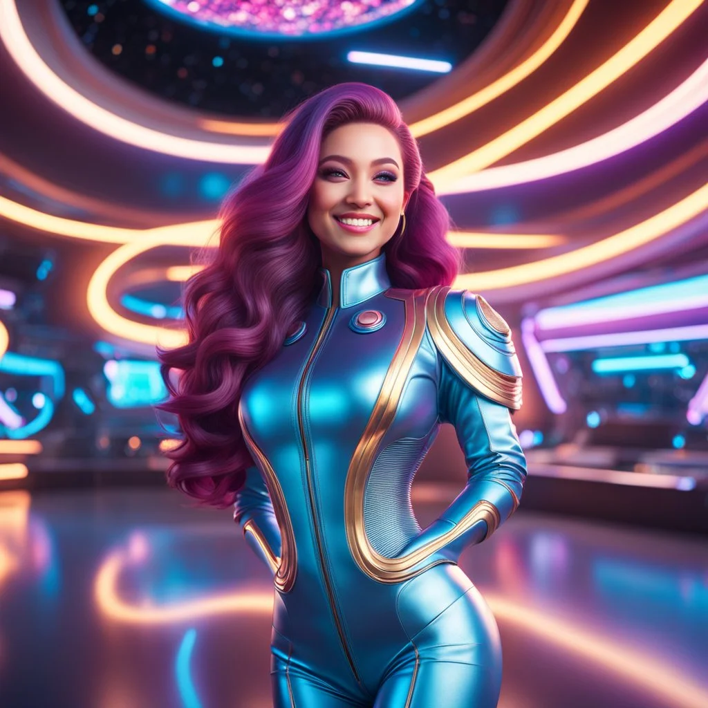 (masterpiece, best quality, 8k, RAW photo, beautiful and aesthetic:1.2), complex detail, Indirect light, photorealistic, (((full body))), Cosmic Baby corp boss style smiling, Long curvy hair, colorfull Sci-Fi environment