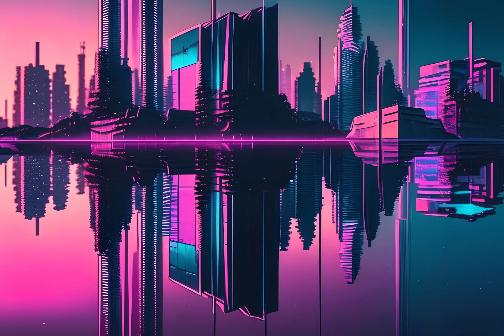 water reflection, sci-fi, retrowave city