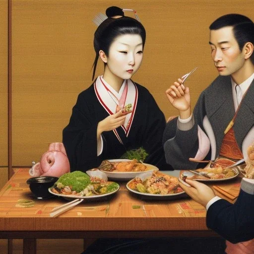 A japanese girl eating a meal with her lover who is having an erection