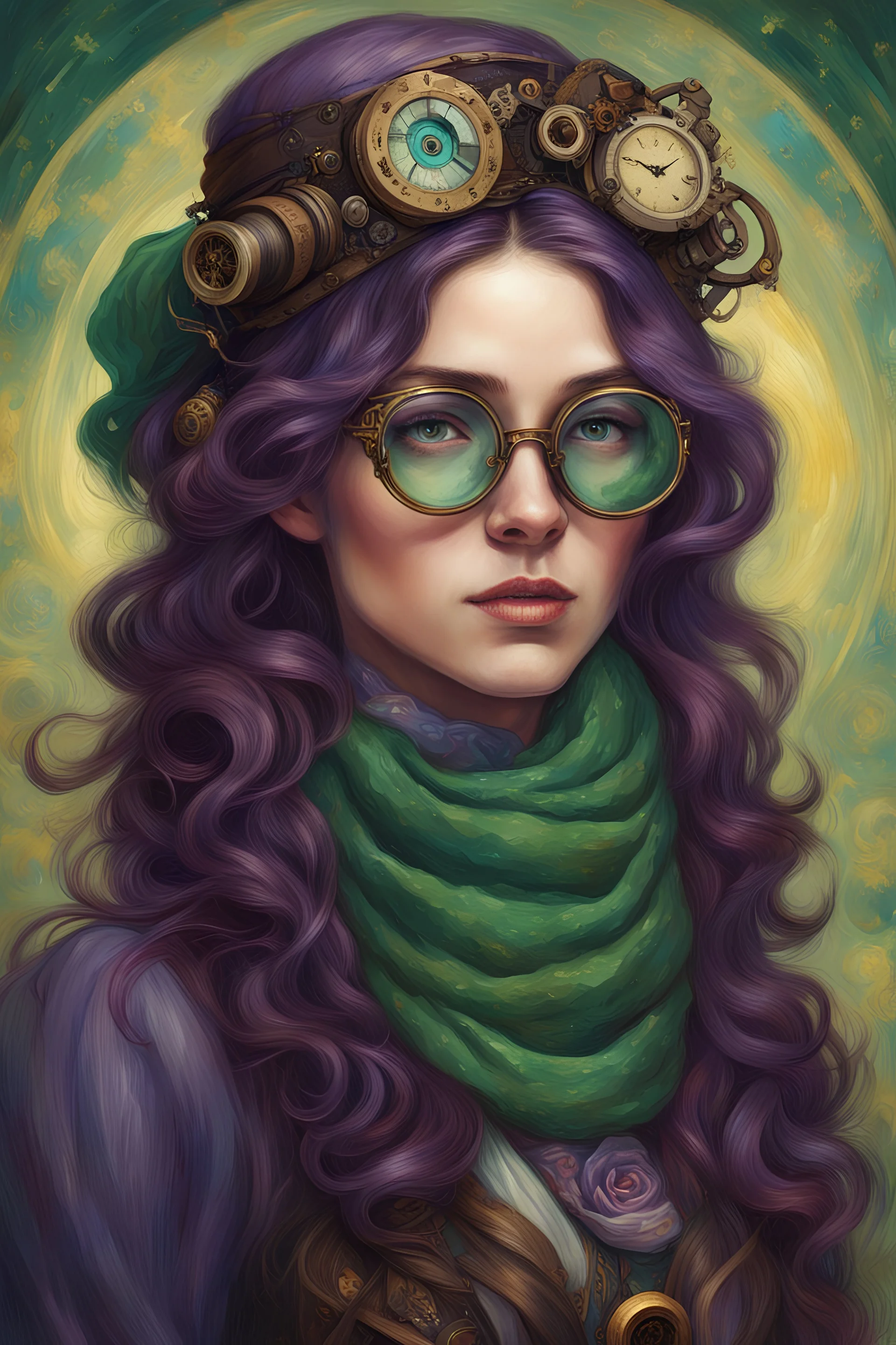 A girl with long, wavy dark brown hair, steampunk glasses on her head, purple eyes, dressed in steampunk clothes, green scarf , Portrait of Van Gogh