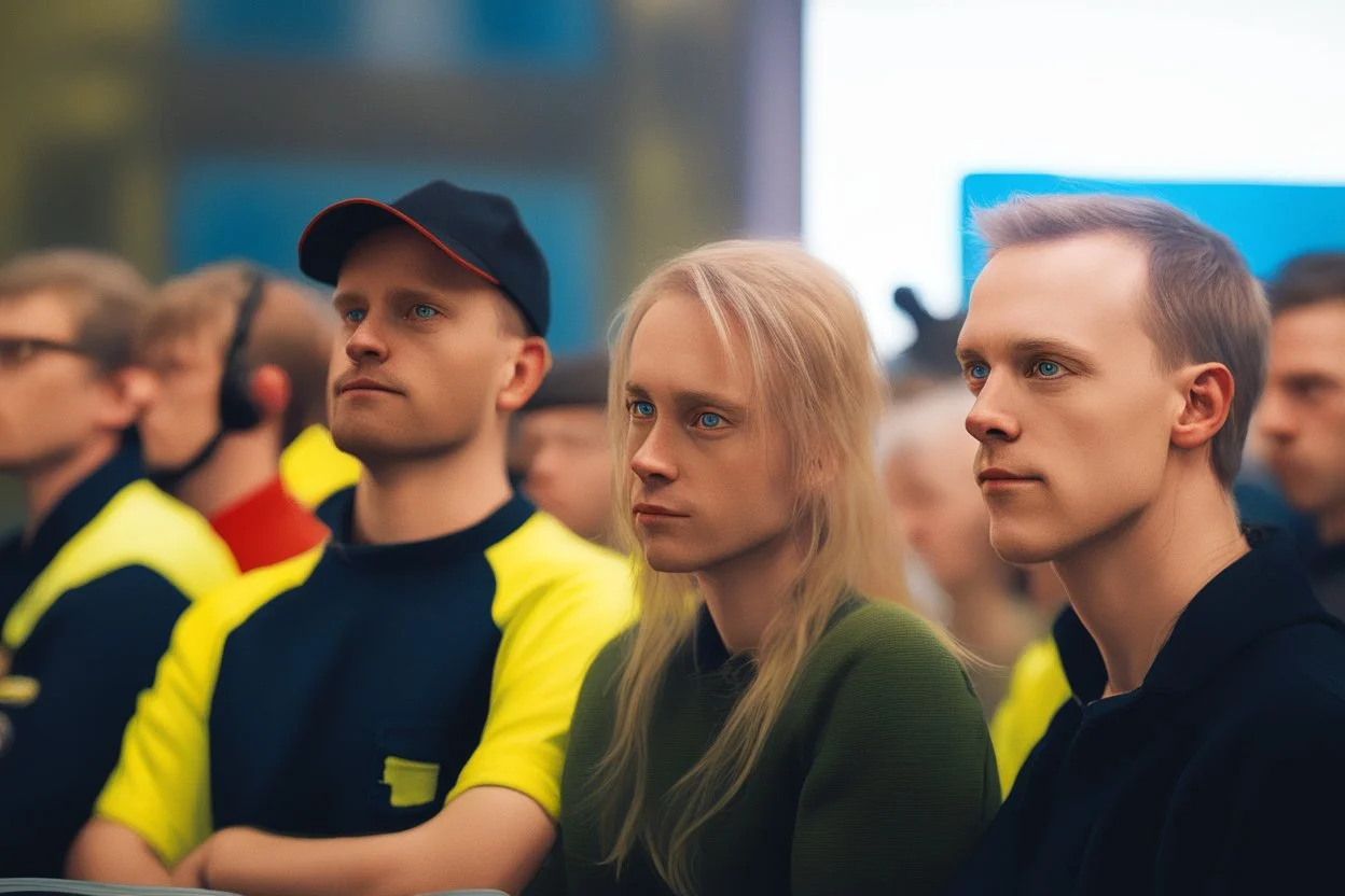 people from Sweden watching robots fight in background, cartoon style Simon Stålenhag