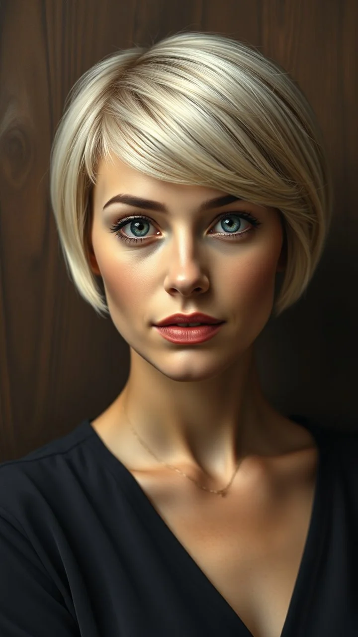 grant wood painting style , a picture of beautiful women with a short blond hair , front view with dark brown side lighting background, ultra high quality with ceramic lighting