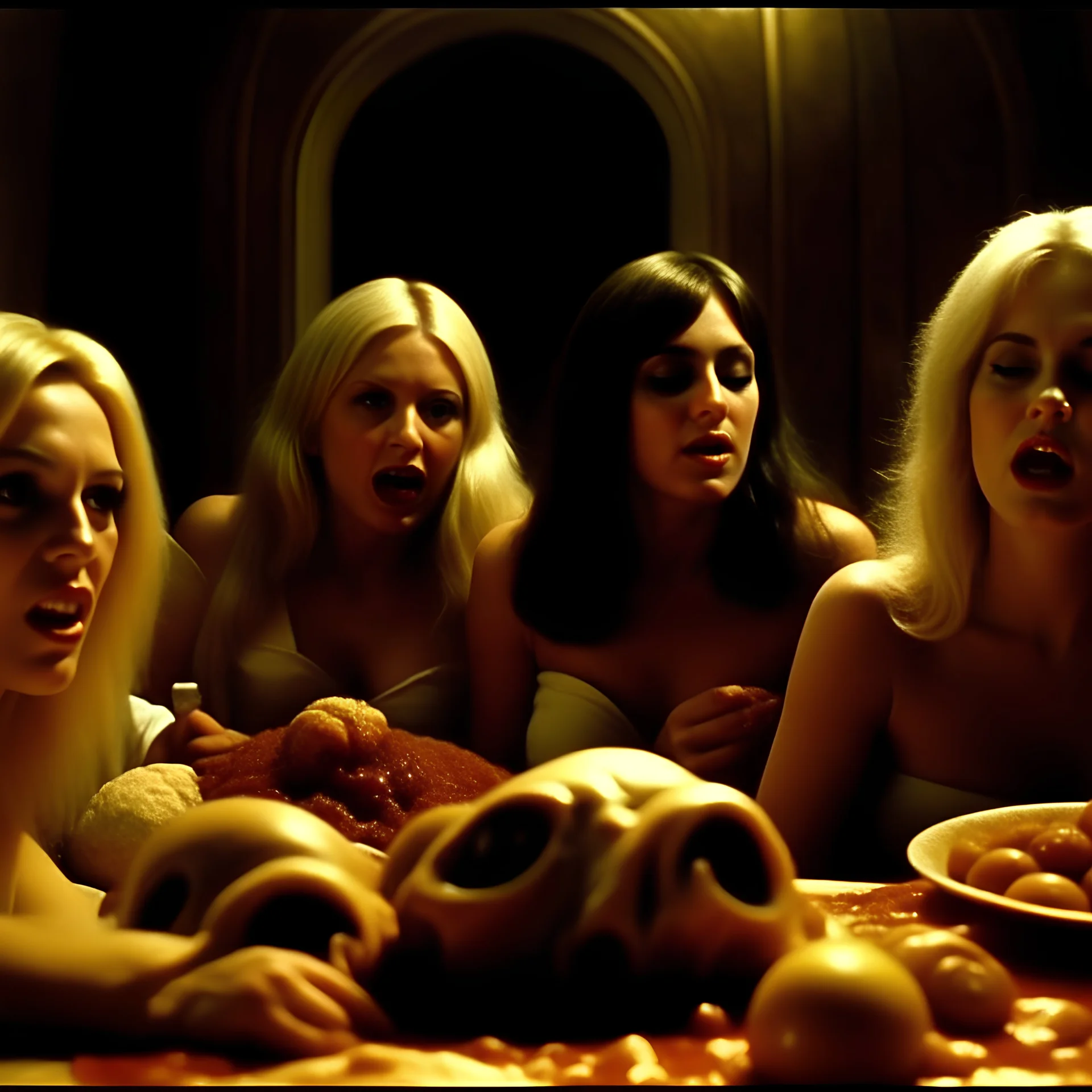 Horror movie shot, spooky, ultra realistic, dine, vomit, hot ultra realistic hot blonde women, party, pieces of meat, organs, ail dynamic, all the women come, anguish, very excited people, hypermaximalist figures, light, 1970's Italian horror movie, sinister, John Carpenter, Dario Argento, Stanley Kubrik, ornate, 4k, photorealism