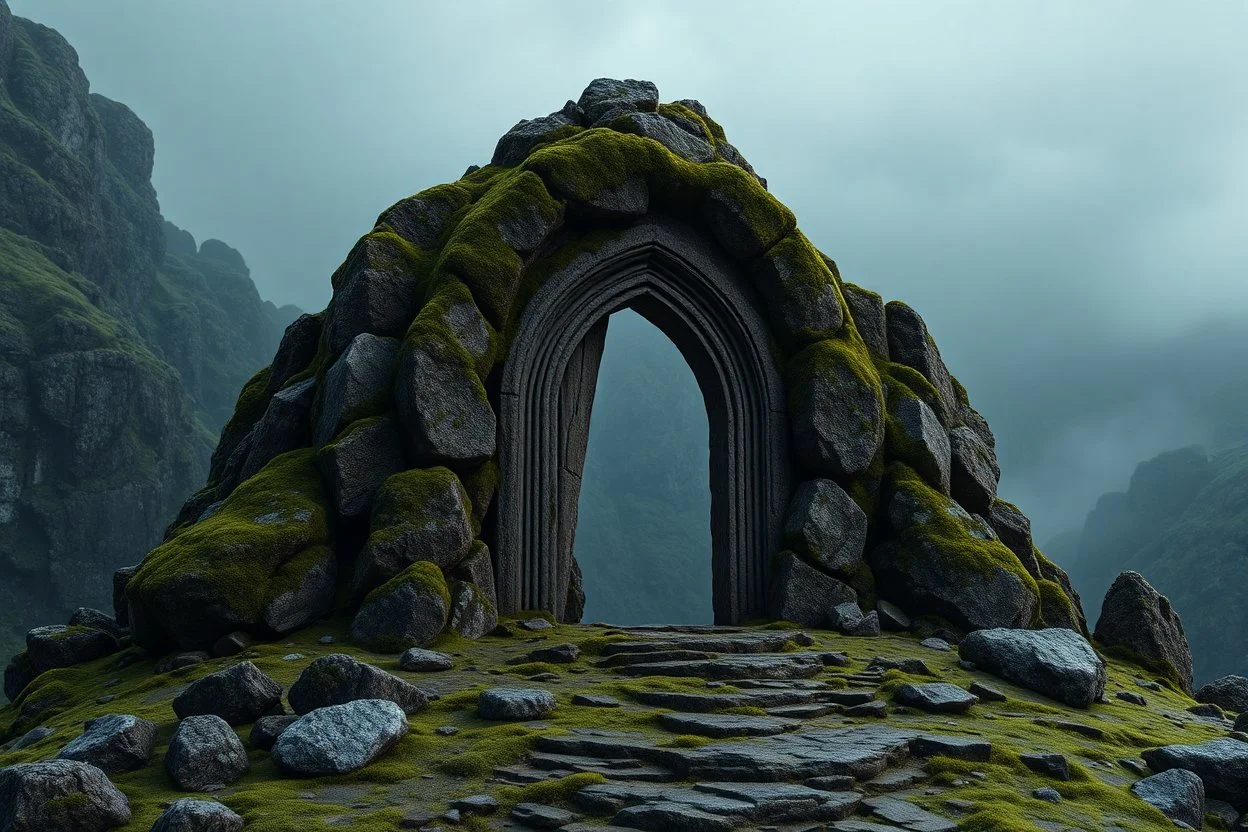 ancient gate in the mountain, 3d model, moss, rocks, dark fantasy