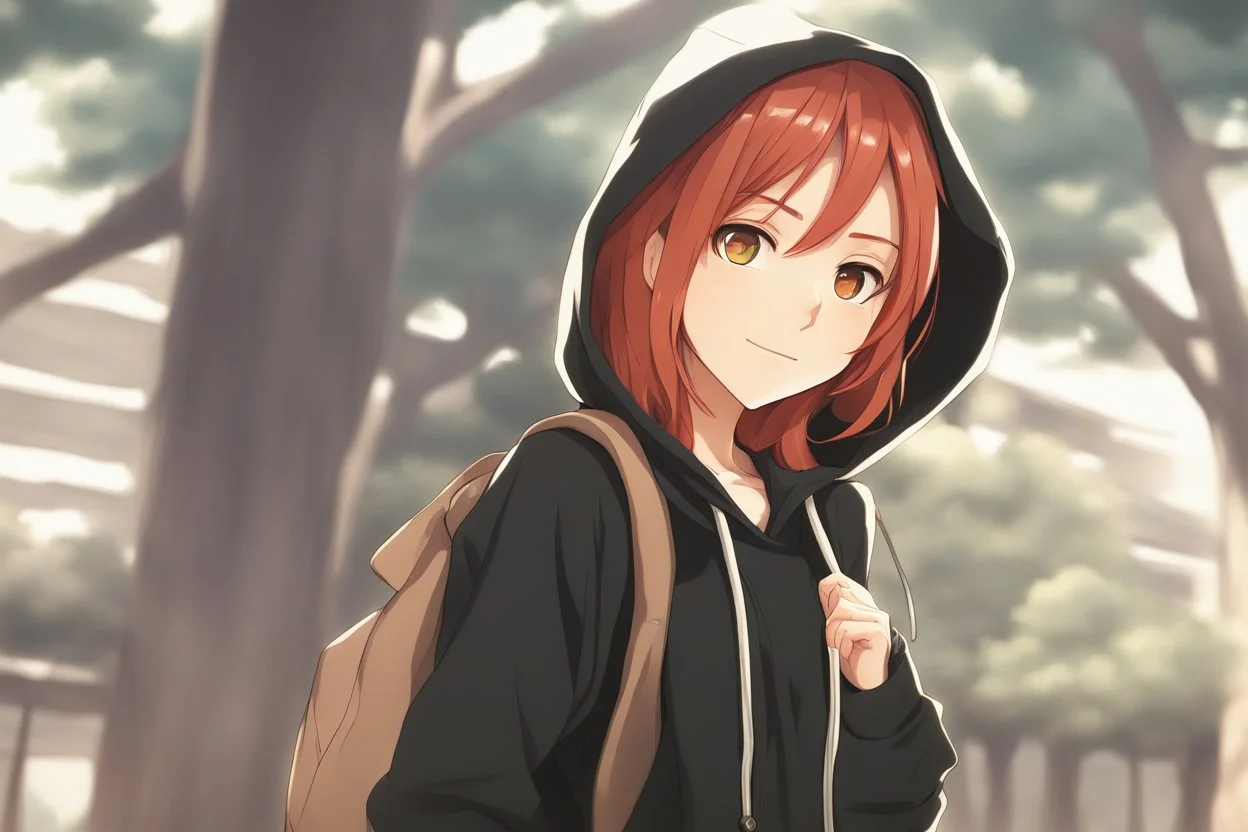 An anime young adult female with medium length red hair, brown eyes, wearing a black hoodie, realistic, slight smile