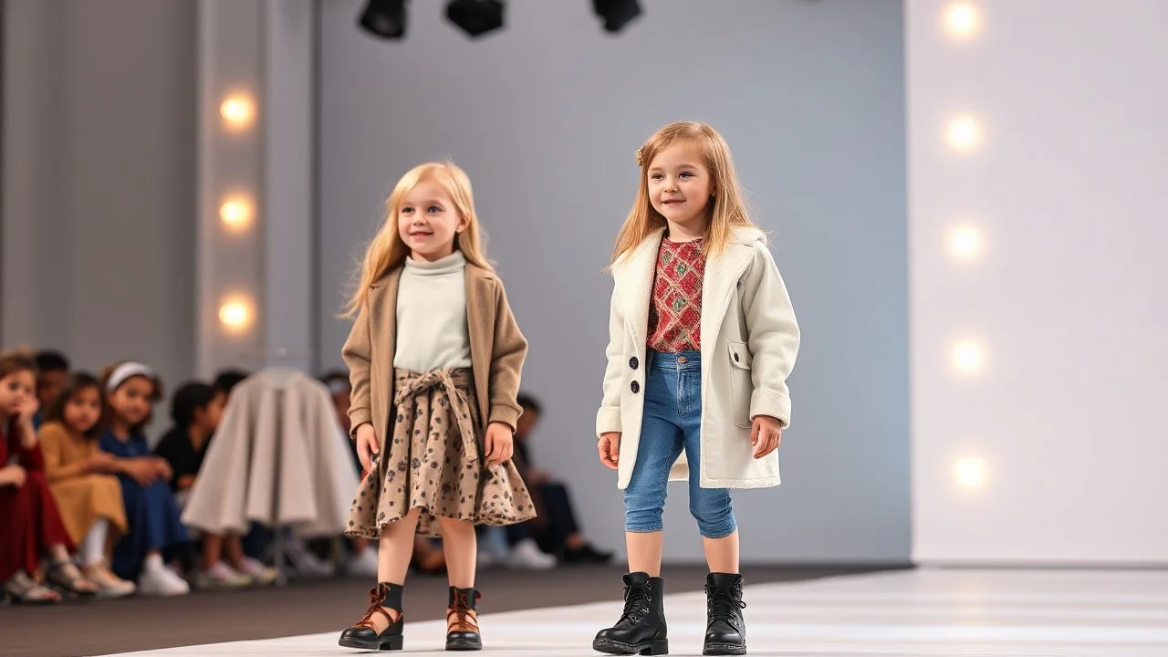 a luxury fashion show of 6-8 old years children showing modern clothing