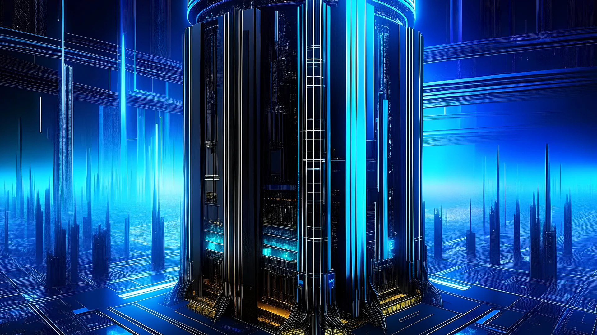 Visualize a futuristic CPU cooler towering over a cybernetic landscape, emitting an ethereal glow amidst the digital cityscape