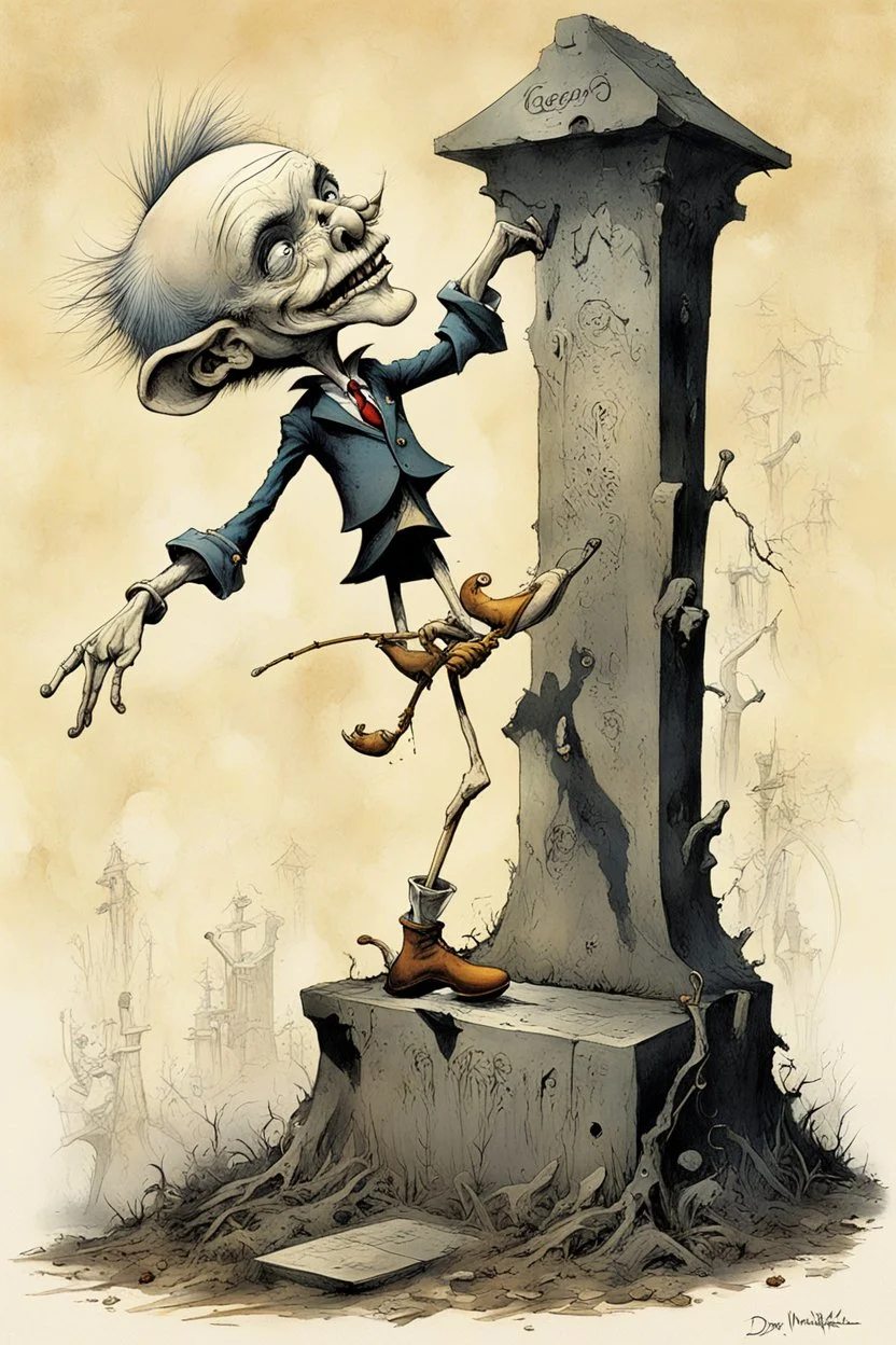 Creepy sinister Pinocchio long nose caricature dancing sardonically on Geppetto's grave, text "RIP GEPPETTO", by Michael Whelan, by Dave McKean, by Yves Tanguy, by Stephen Gammell, color dark modern horror comic, sinister-looking gravesite enveloped in a surreal creeping puppet nightmare, Whelan's visceral detailed style, eerie, scary, dystopian, dark colors, dramatic