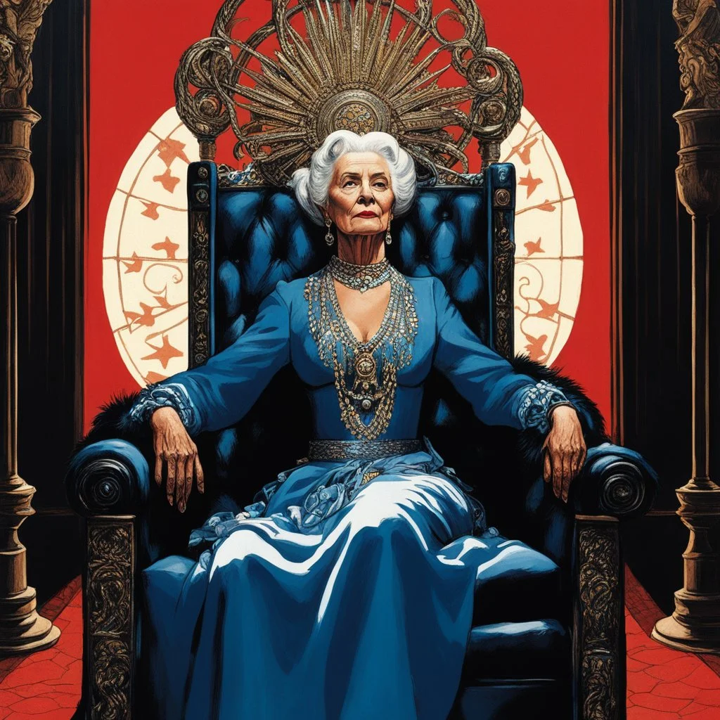 the Slavic goddess granny old Zorya Polunochnaya (Midnight): illustration by Norman Rockwell and Helmut Newton for American Gods (2021), she sits in her iconic throne in the slavic realm