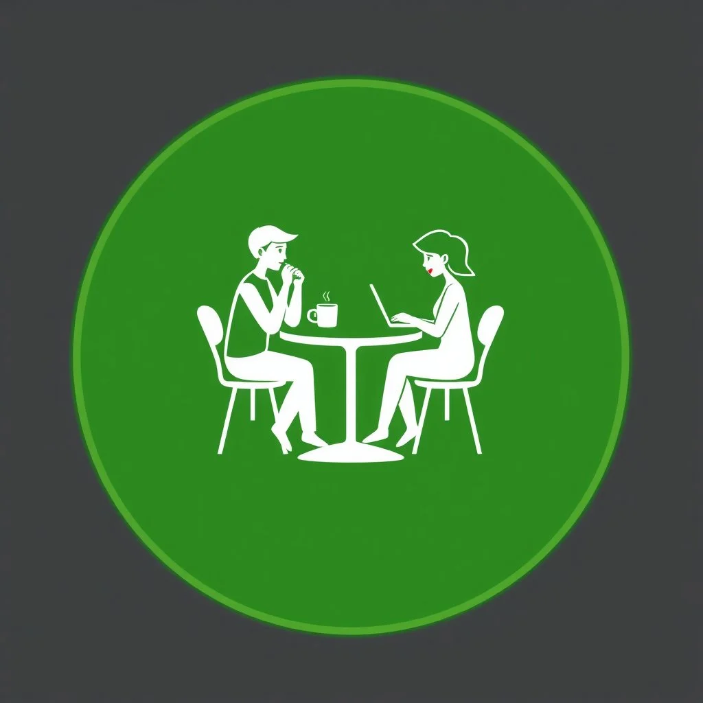 A circular logo in a distinctive green color with two people sitting around a two-person table in the center, one drinking coffee and the other working on their laptop.