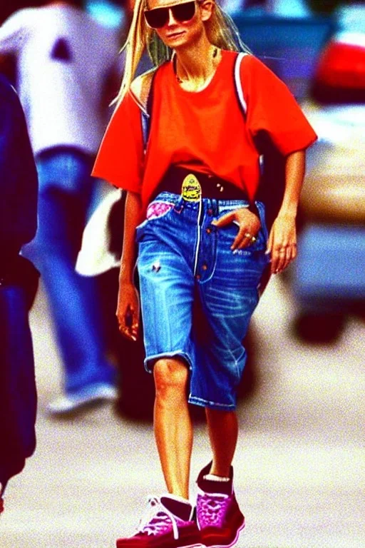 year 1996 denim fashion. Loose fit, low waist, baggy. Colors: denim blue, blue, purple, khaki, light green, lilac, plum, orange, terracotta, red, pink, dark blue, beige. Women models. Jennifer Lopez, Gwyneth Paltrow. Big tennis shoes on.