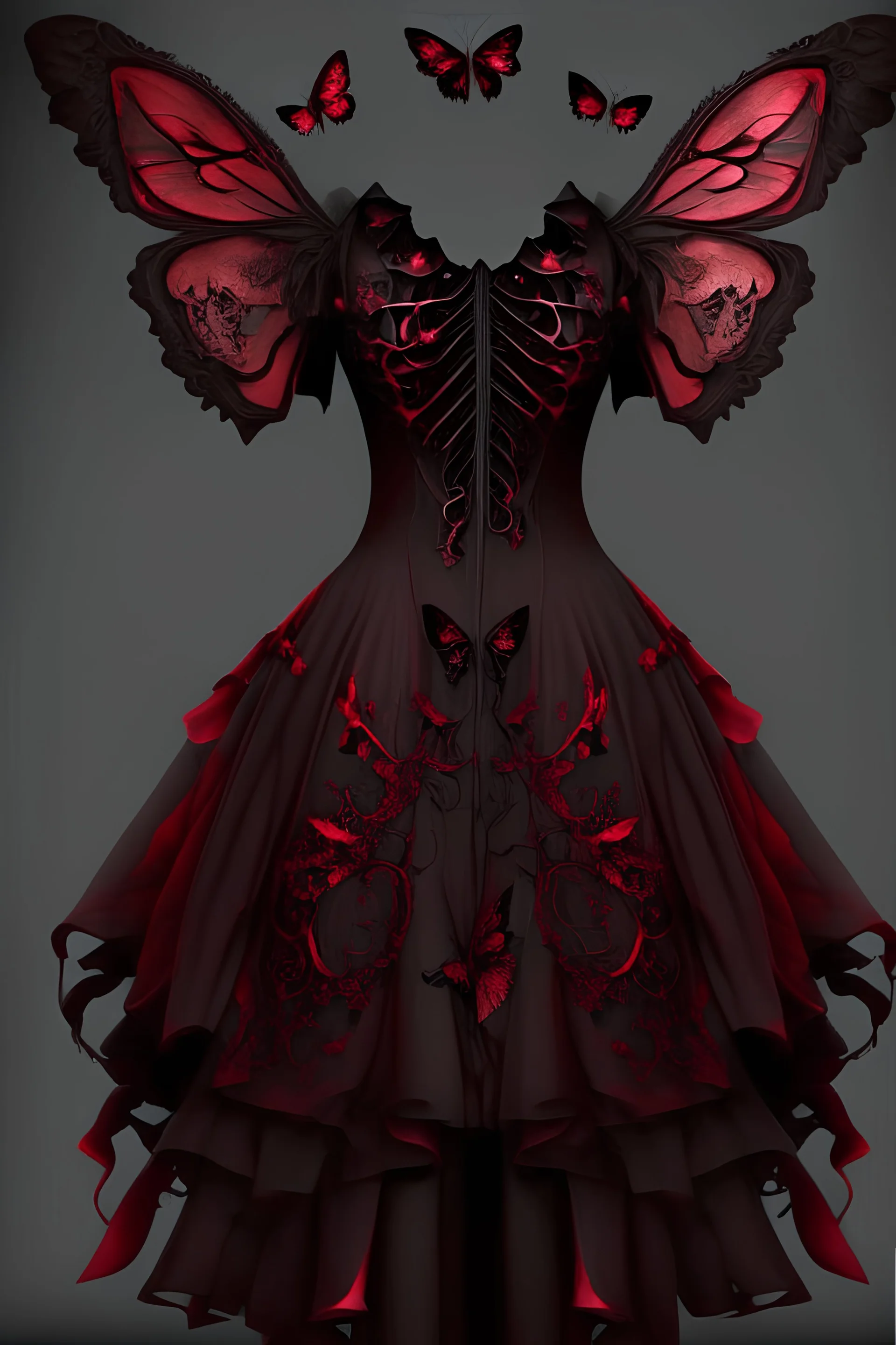 dress design dark red, skulls and butterflies, fairy wings,