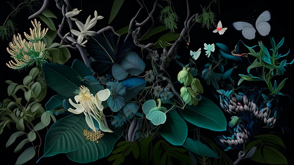 Floral composition of Jade Vine, ghost orchid, Lotus, Camellia japonica, Banksia, Dicentra Formosa, assorted leaves, and butterflies on a deep dark background