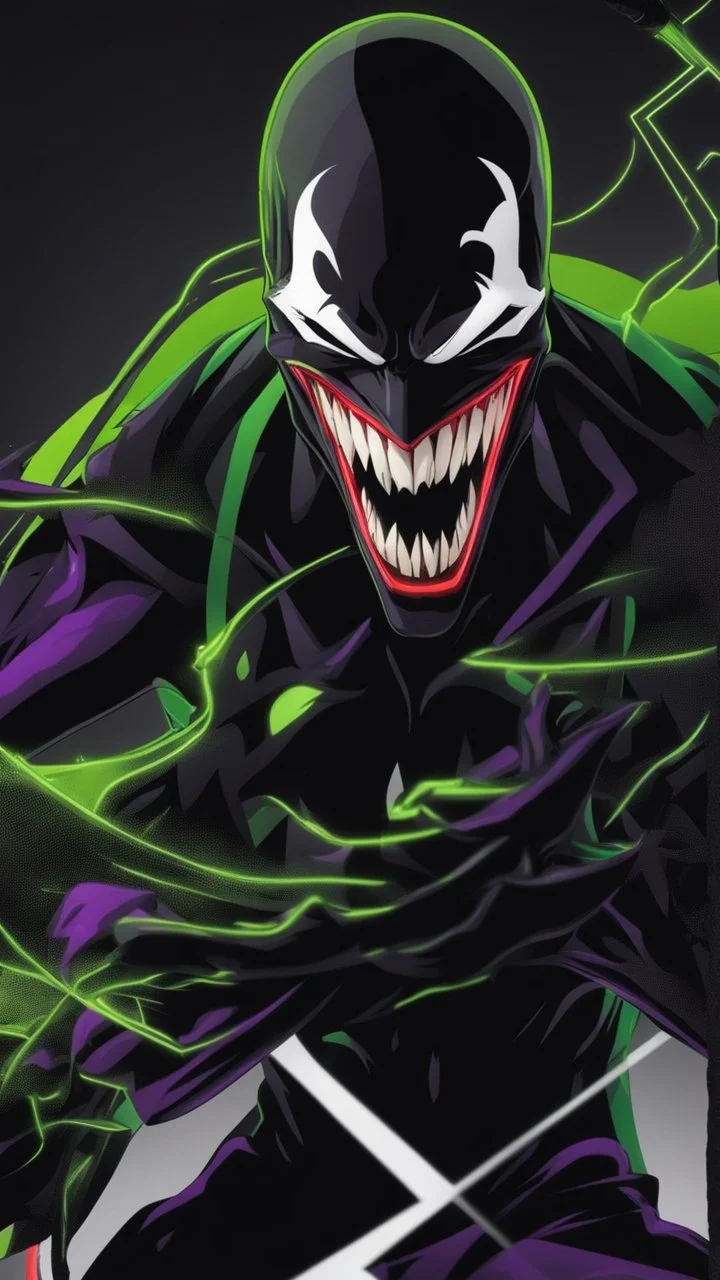 A very close picture to Mix between the joker and venom symbiote in symbiote shadow art style with neon green details